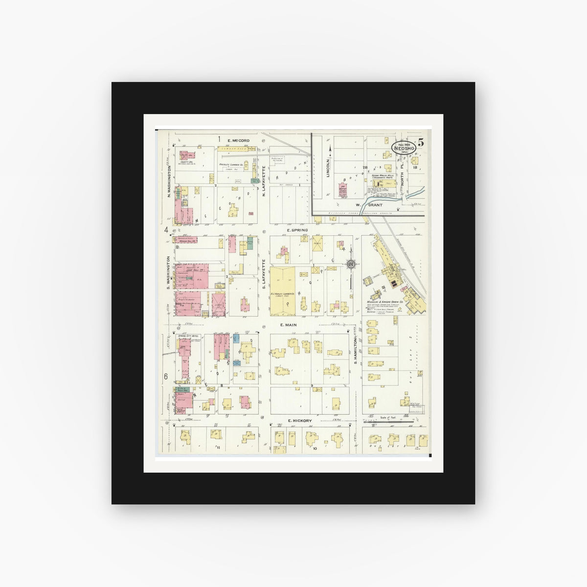 Old map wall art mockup — black gallery frame with white mat — Sanborn Fire Insurance Map from Neosho, Newton County, Missouri (1909), Sheet #0005