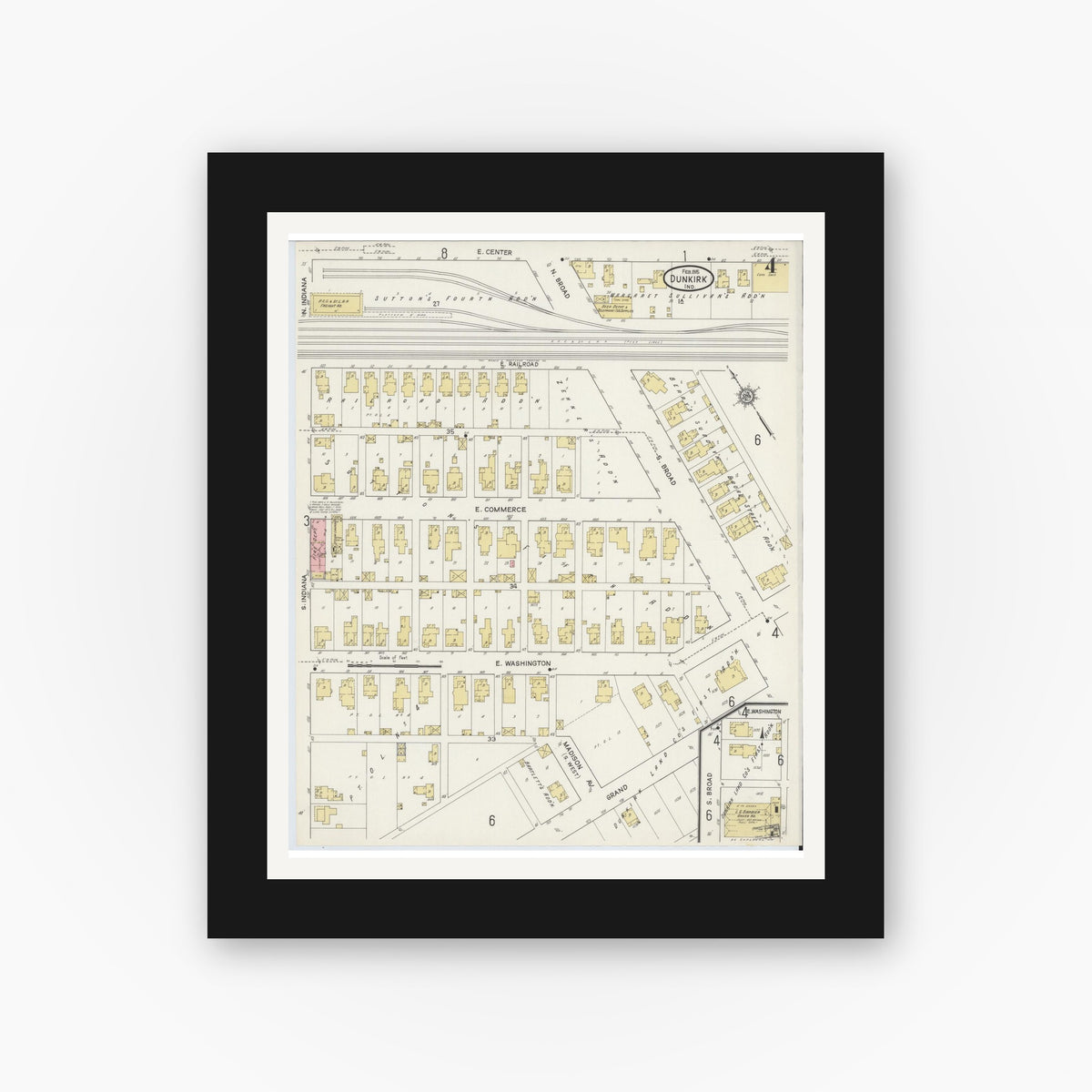 Old map wall art mockup — black gallery frame with white mat — Sanborn Fire Insurance Map from Dunkirk, Jay And Blackford Counties, Indiana (1915), Sheet #0004