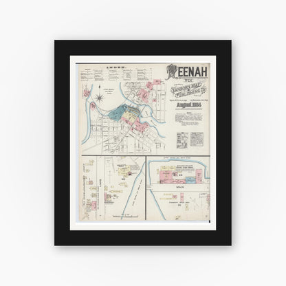 Old map wall art mockup — black gallery frame with white mat — Sanborn Fire Insurance Map from Neenah, Winnebago County, Wisconsin (1884) - Complete Map Set