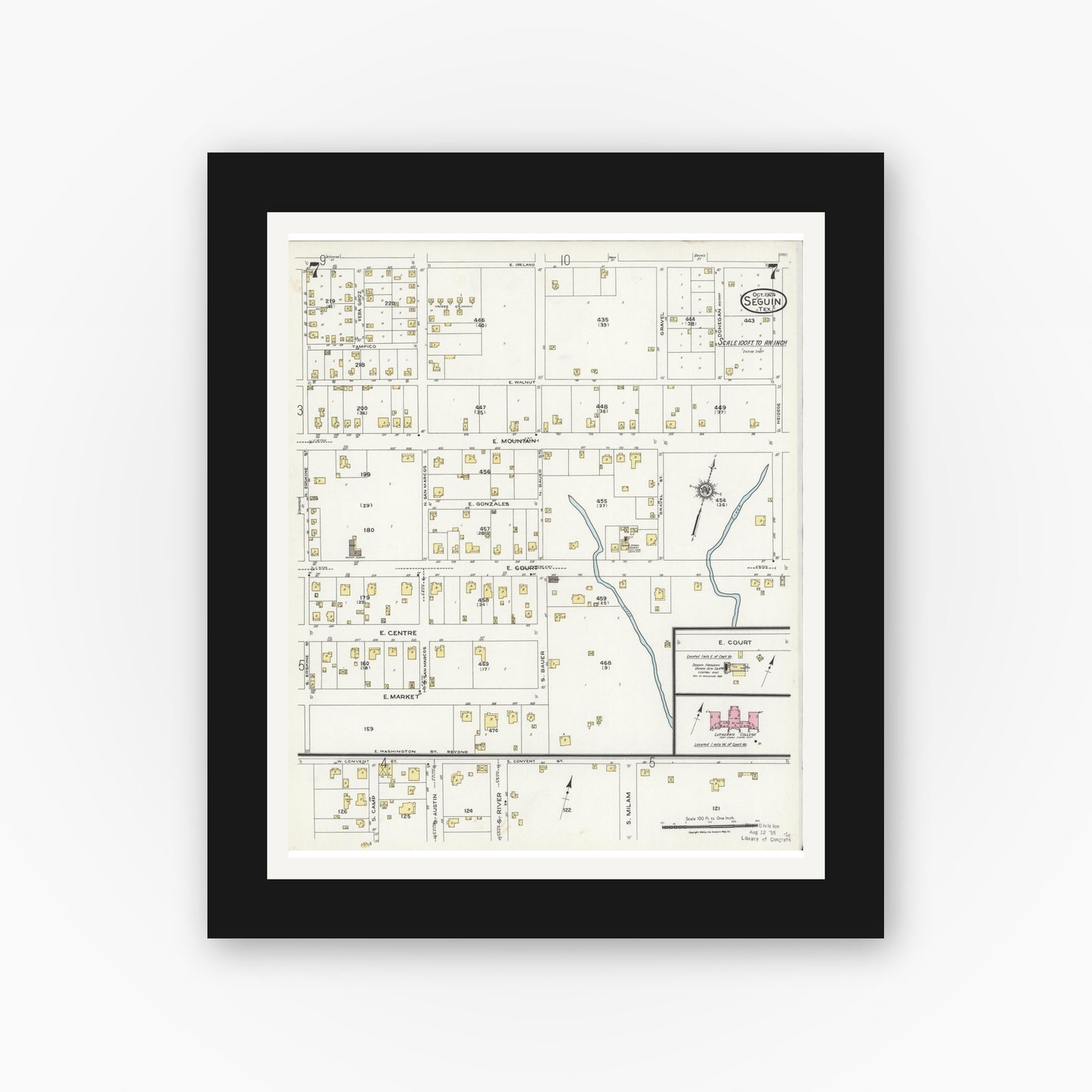 Old map wall art mockup — black gallery frame with white mat — Sanborn Fire Insurance Map from Seguin, Guadalupe County, Texas (1924), Sheet #0007