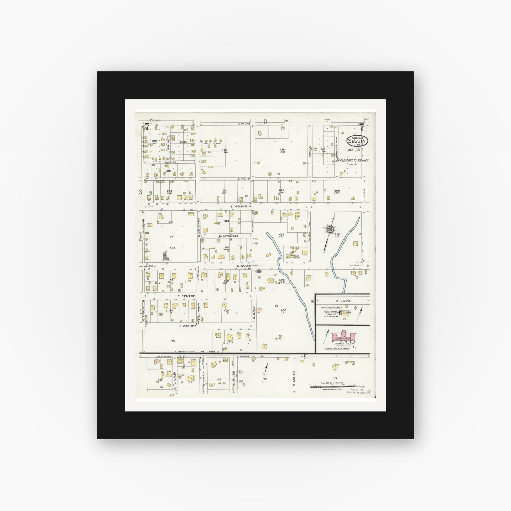 Old map wall art mockup — black gallery frame with white mat — Sanborn Fire Insurance Map from Seguin, Guadalupe County, Texas (1924), Sheet #0007