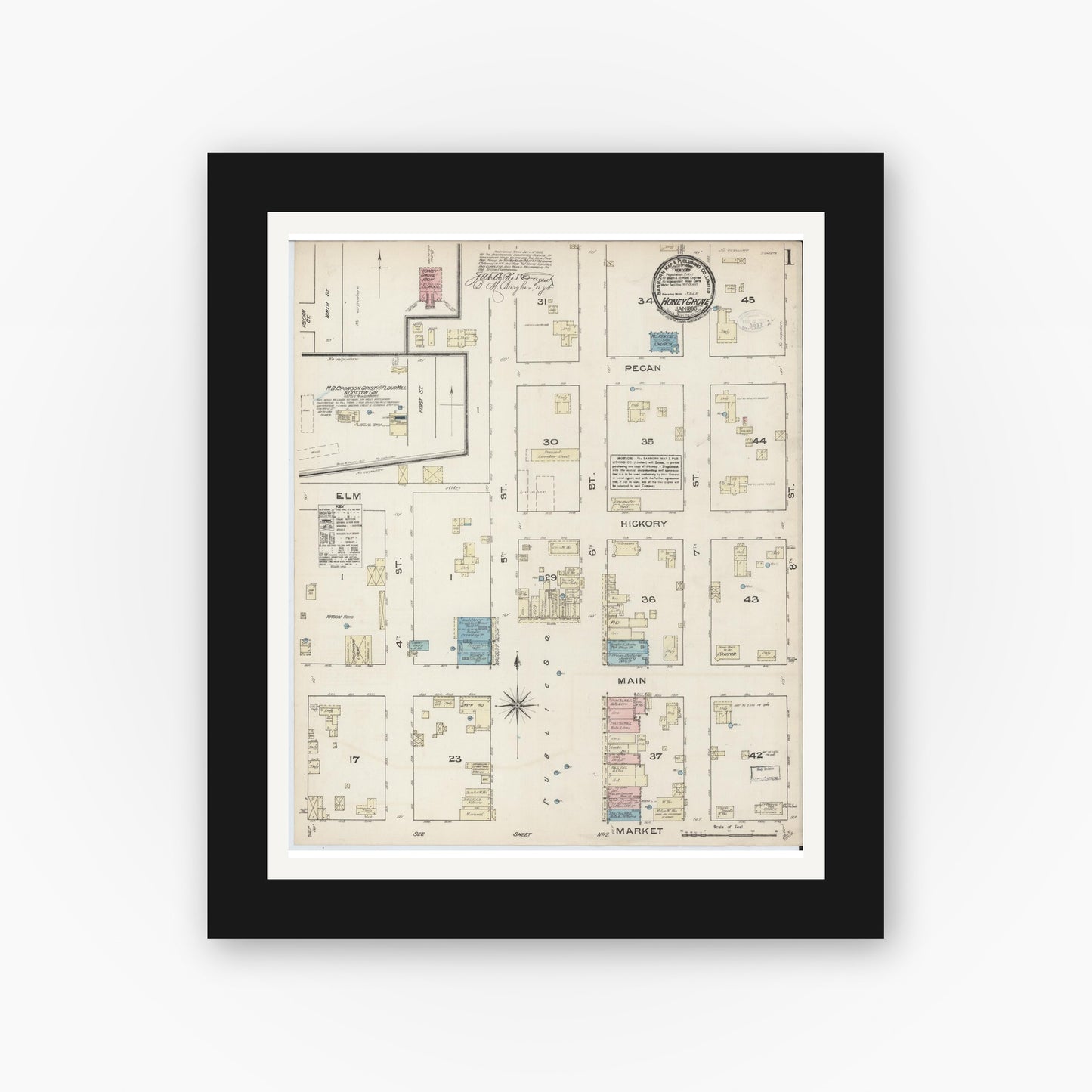 Old map wall art mockup — black gallery frame with white mat — Sanborn Fire Insurance Map from Honey Grove, Fannin County, Texas (1885) - Complete Map Set