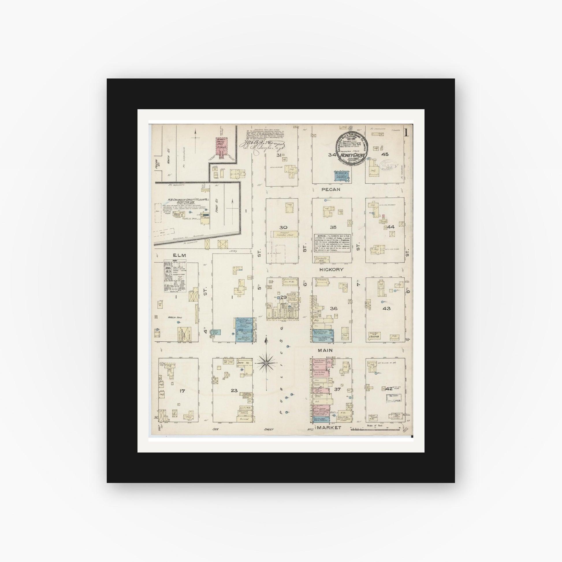 Old map wall art mockup — black gallery frame with white mat — Sanborn Fire Insurance Map from Honey Grove, Fannin County, Texas (1885) - Complete Map Set