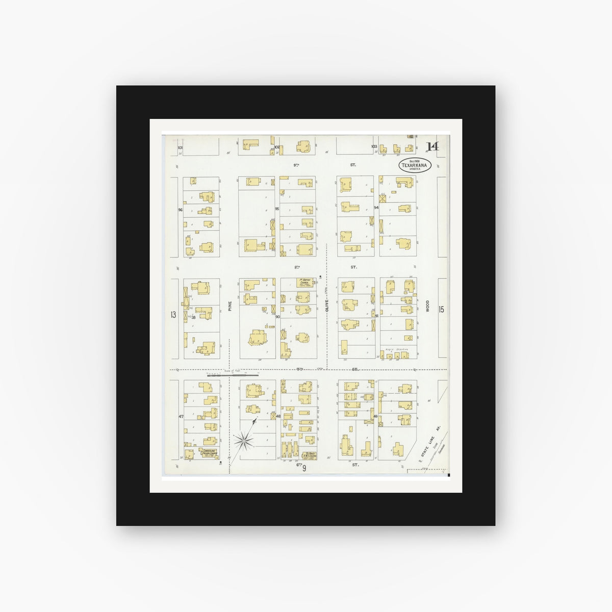 Old map wall art mockup — black gallery frame with white mat — Sanborn Fire Insurance Map from Texarkana, Bowie County, Texas (1900), Sheet #0014