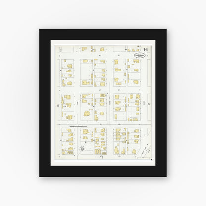 Old map wall art mockup — black gallery frame with white mat — Sanborn Fire Insurance Map from Texarkana, Bowie County, Texas (1900), Sheet #0014