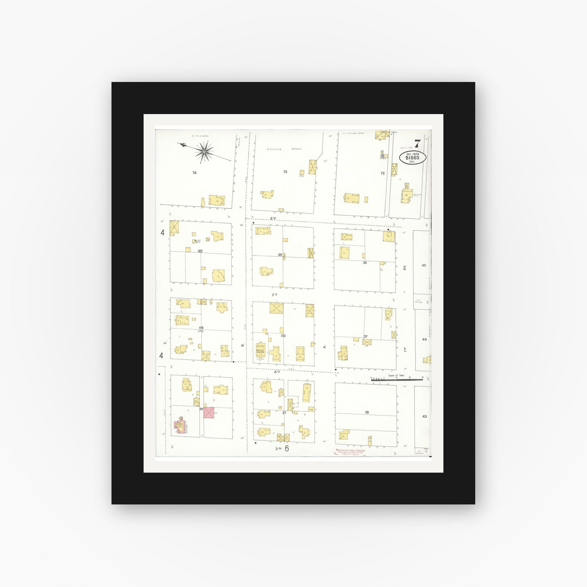 Old map wall art mockup — black gallery frame with white mat — Sanborn Fire Insurance Map from Biggs, Butte County, California (1909), Sheet #0007