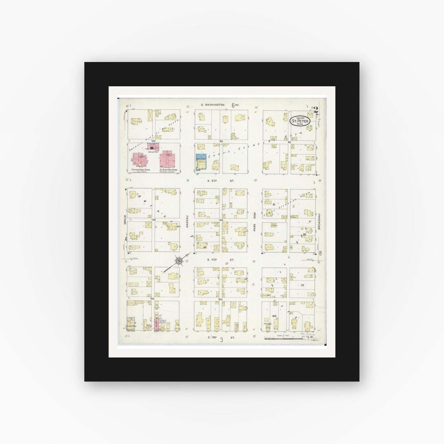 Old map wall art mockup — black gallery frame with white mat — Sanborn Fire Insurance Map from Saint Peter, Nicollet County, Minnesota (1914), Sheet #0002