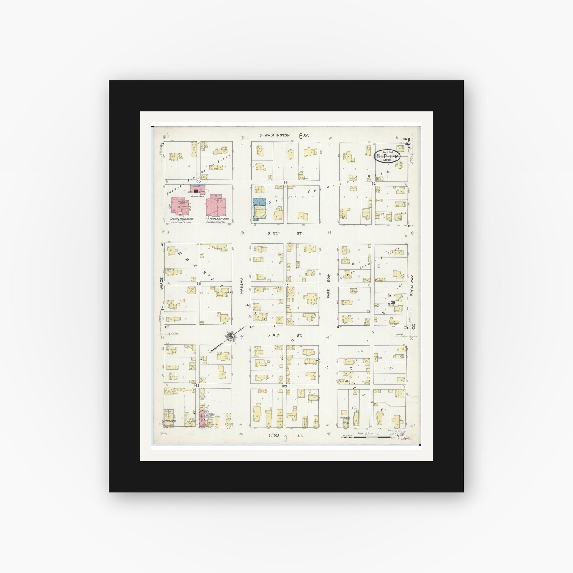 Old map wall art mockup — black gallery frame with white mat — Sanborn Fire Insurance Map from Saint Peter, Nicollet County, Minnesota (1914), Sheet #0002
