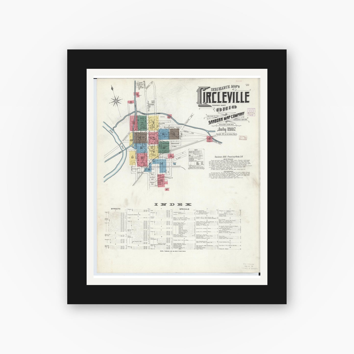 Old map wall art mockup — black gallery frame with white mat — Sanborn Fire Insurance Map from Circleville, Pickaway County, Ohio (1907) - Complete Map Set
