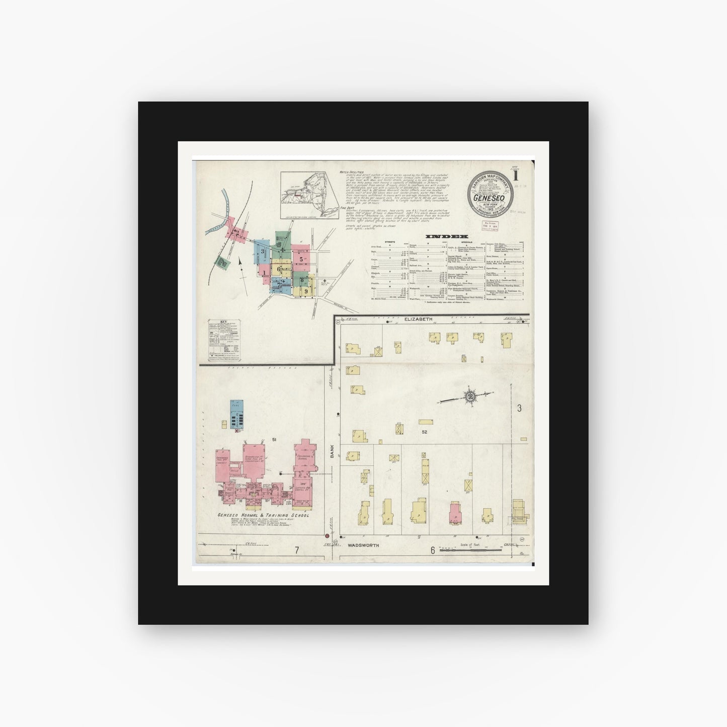 Old map wall art mockup — black gallery frame with white mat — Sanborn Fire Insurance Map from Geneseo, Livingston County, New York (1913), Sheet #0001