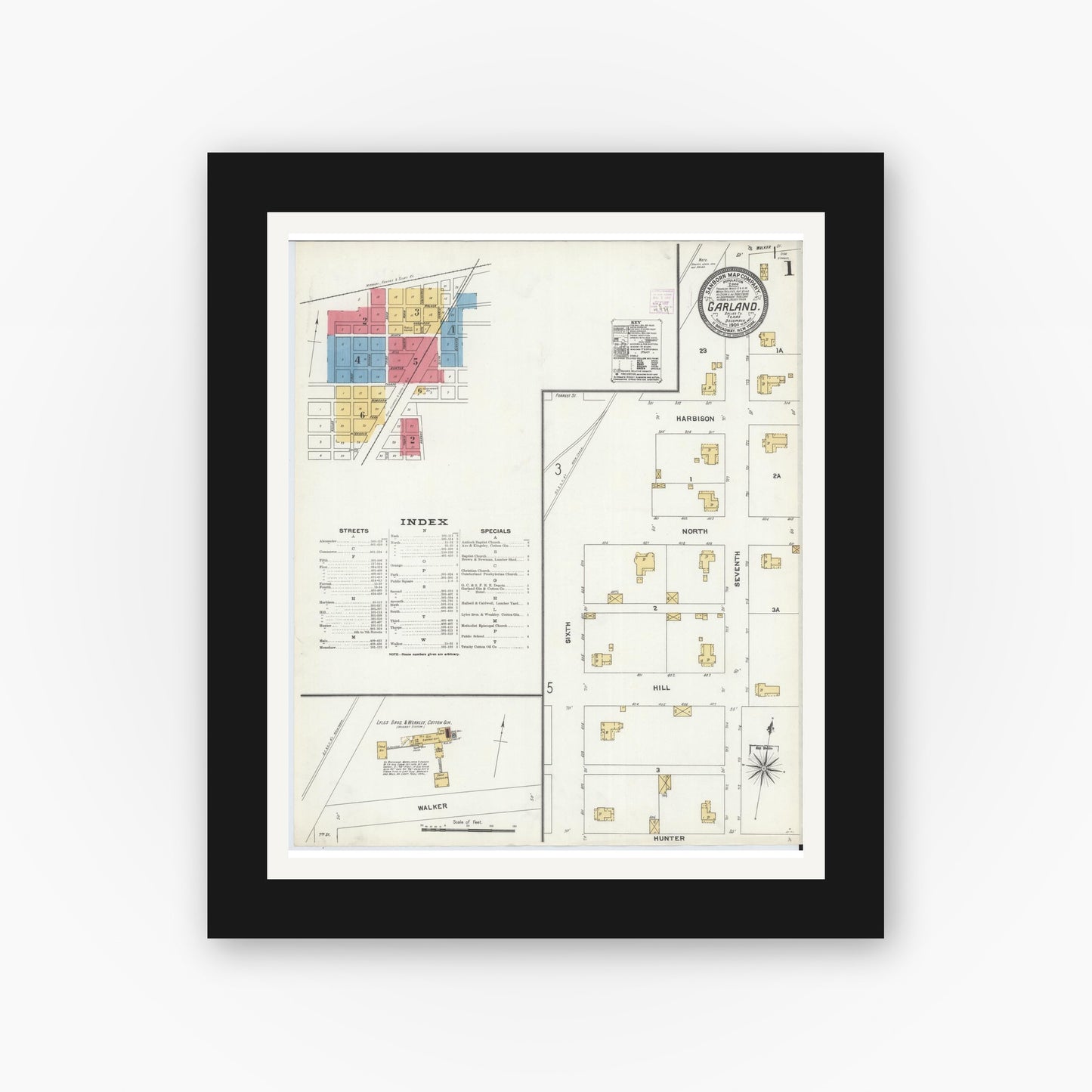 Old map wall art mockup — black gallery frame with white mat — Sanborn Fire Insurance Map from Garland, Dallas County, Texas (1906), Sheet #0001