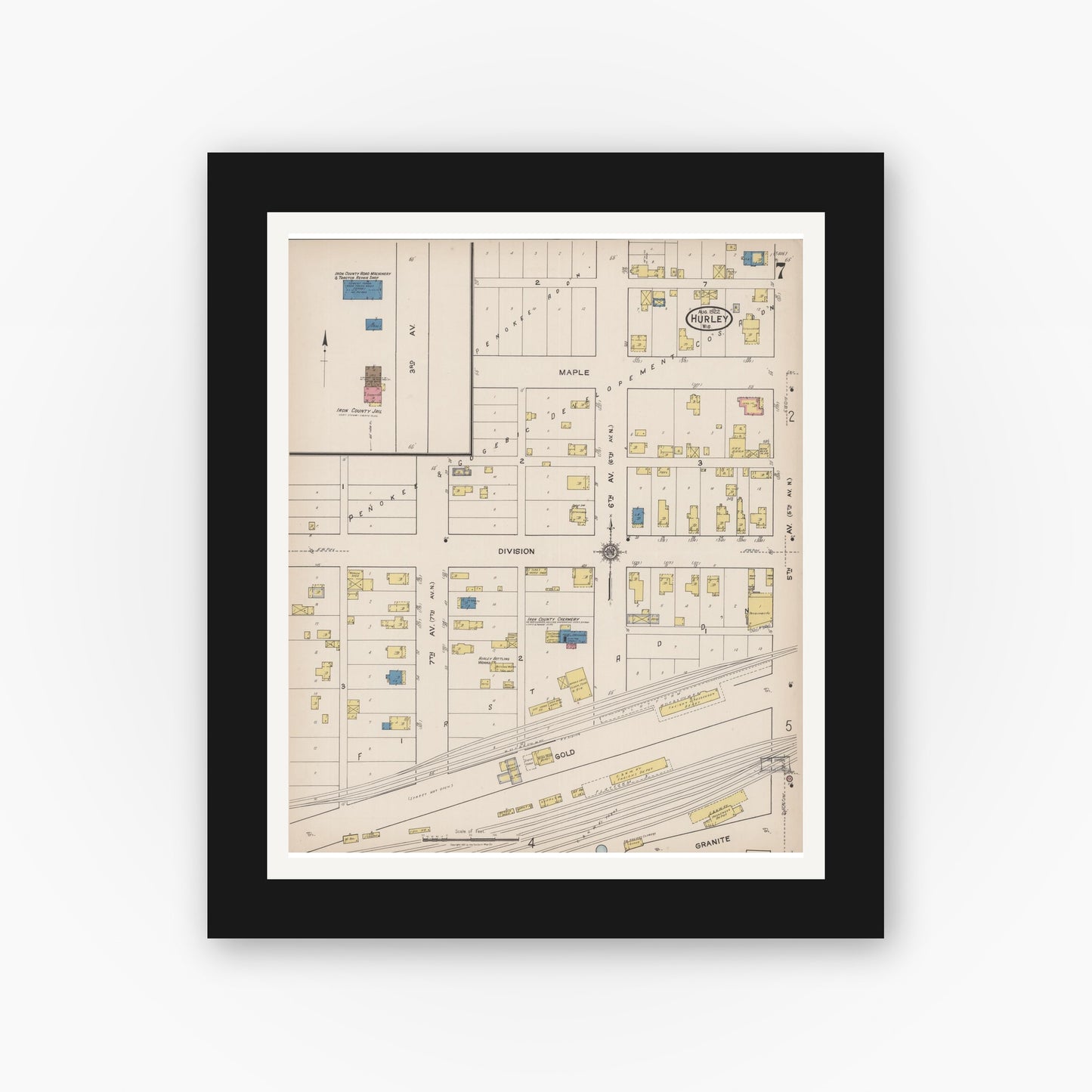 Old map wall art mockup — black gallery frame with white mat — Sanborn Fire Insurance Map from Hurley, Iron County, Wisconsin (1922), Sheet #0007