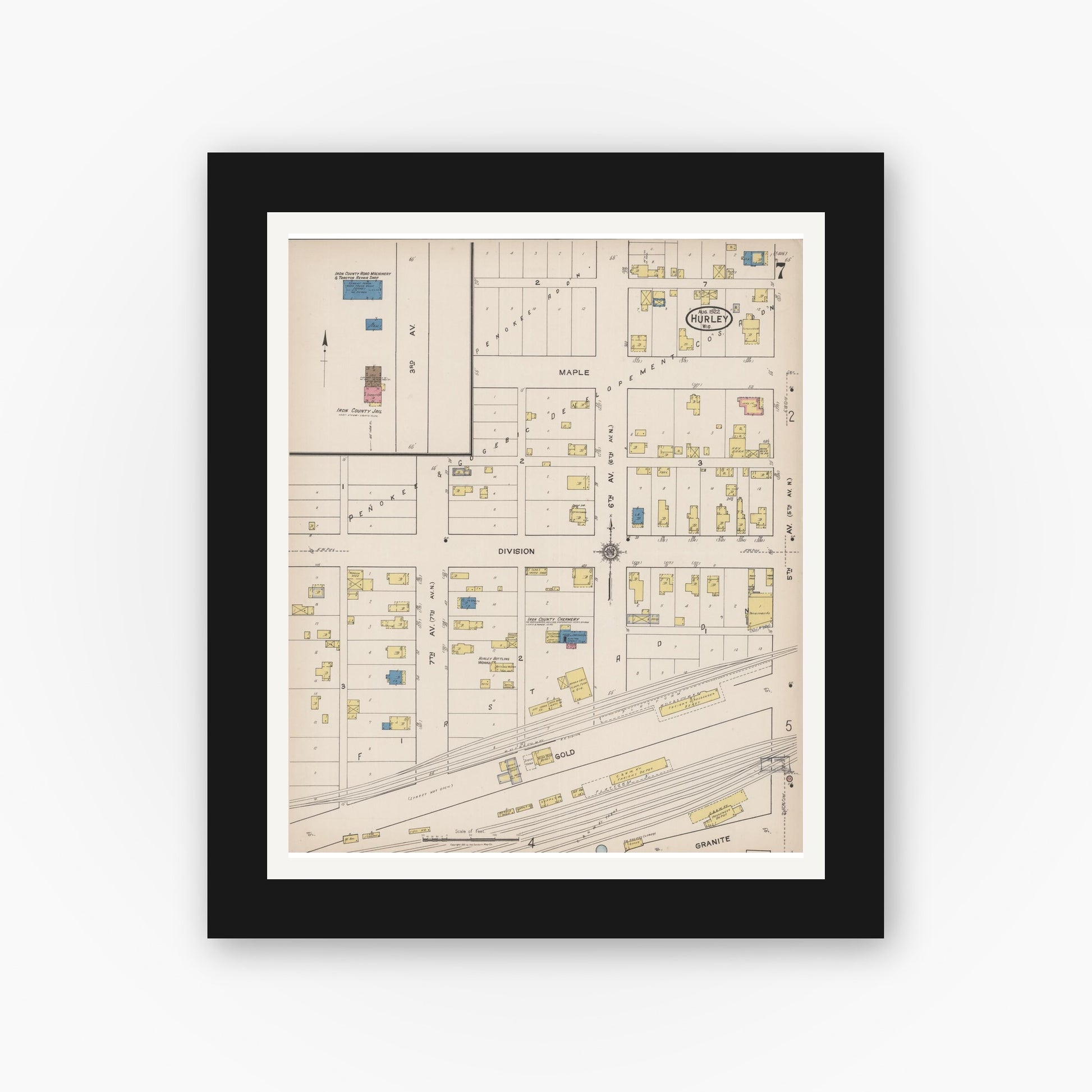 Old map wall art mockup — black gallery frame with white mat — Sanborn Fire Insurance Map from Hurley, Iron County, Wisconsin (1922), Sheet #0007