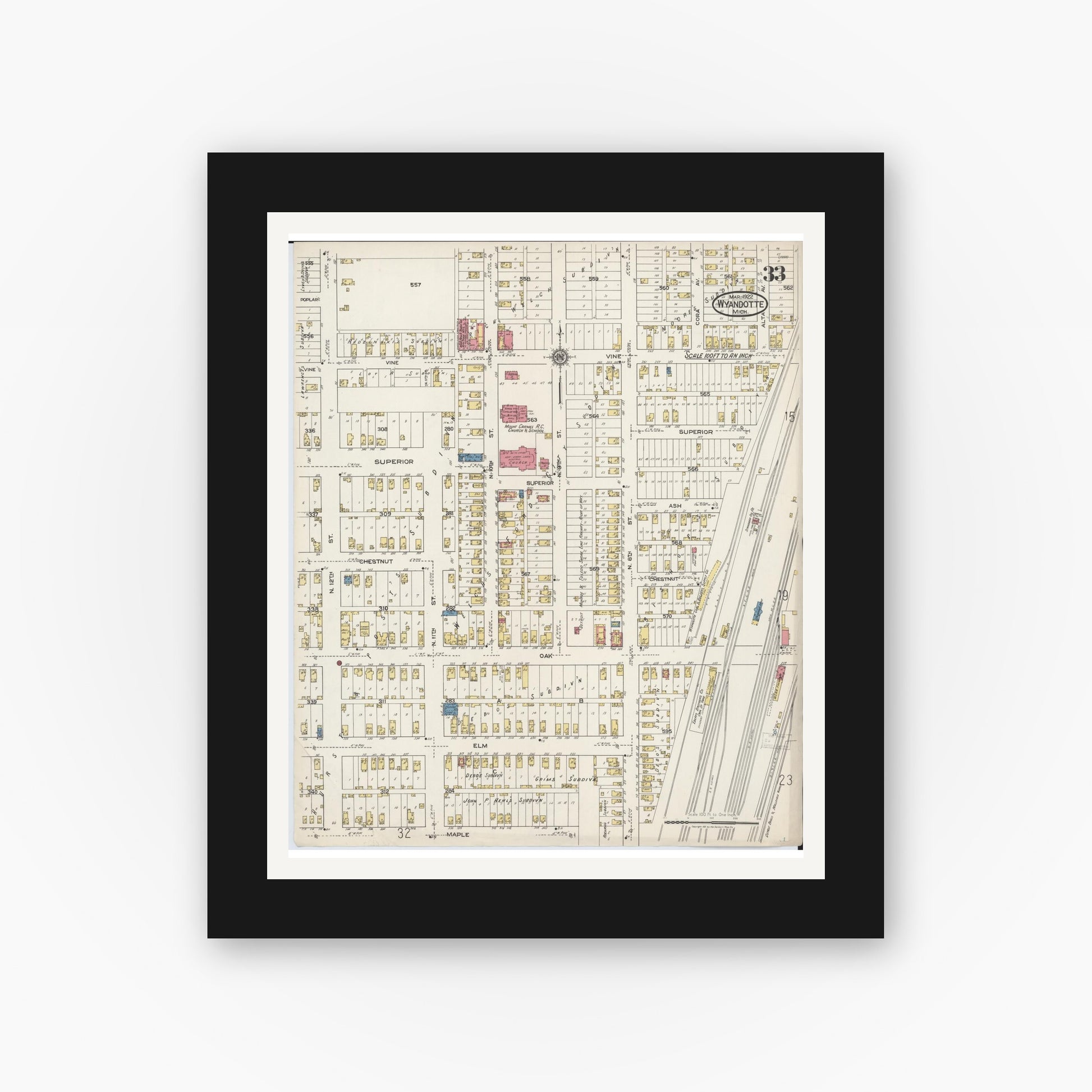 Old map wall art mockup — black gallery frame with white mat — Sanborn Fire Insurance Map from Wyandotte, Wayne County, Michigan (1922), Sheet #0033
