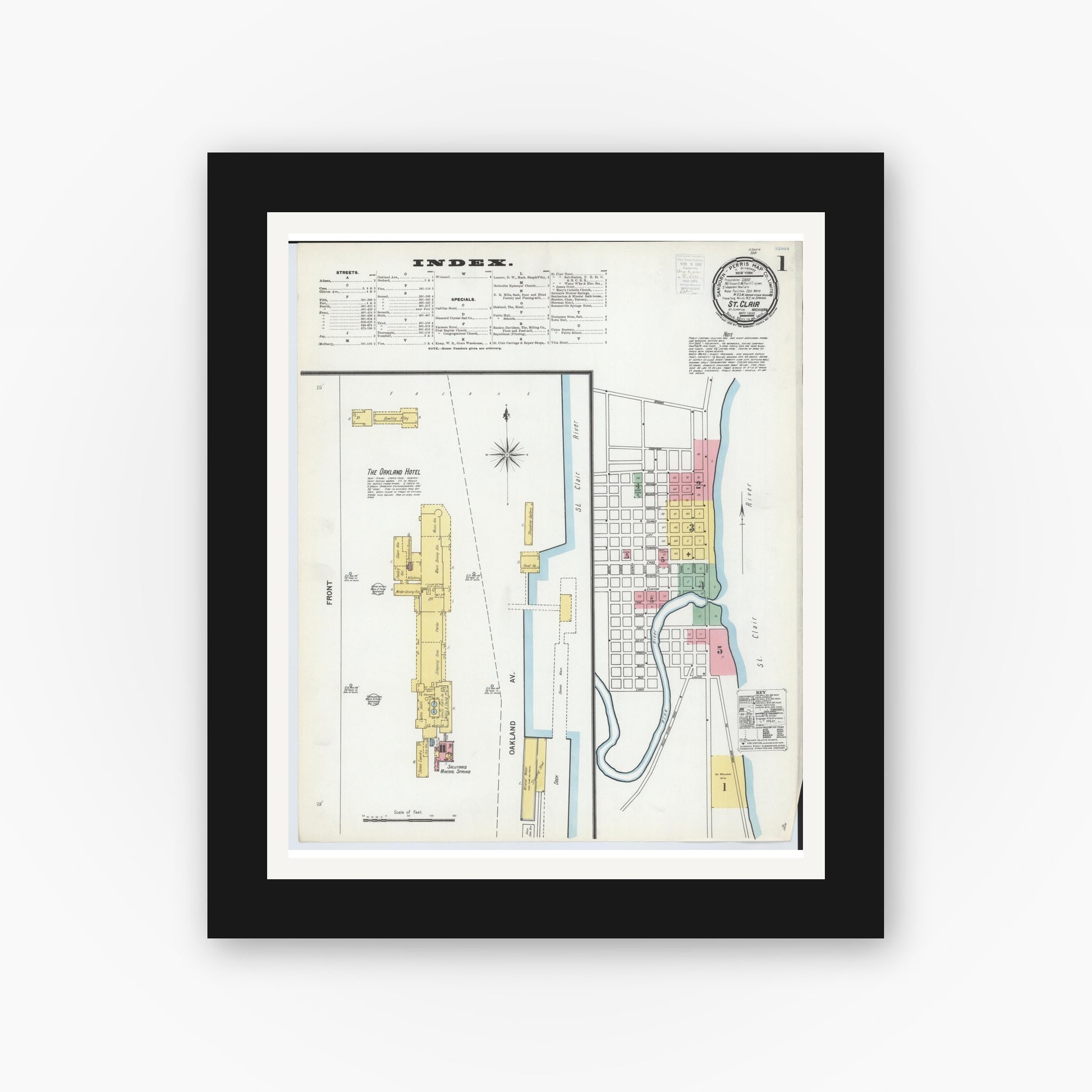Old map wall art mockup — black gallery frame with white mat — Sanborn Fire Insurance Map from Saint Clair, Saint Clair County, Michigan (1900) - Complete Map Set