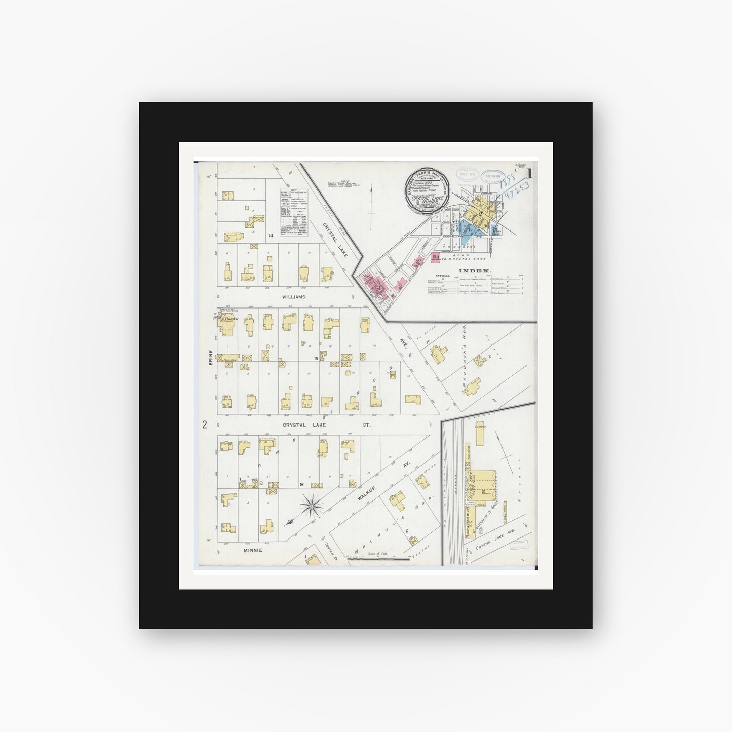 Old map wall art mockup — black gallery frame with white mat — Sanborn Fire Insurance Map from Crystal Lake, McHenry County, Illinois (1898), Sheet #0001