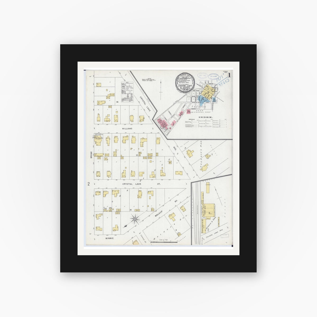 Old map wall art mockup — black gallery frame with white mat — Sanborn Fire Insurance Map from Crystal Lake, McHenry County, Illinois (1898), Sheet #0001