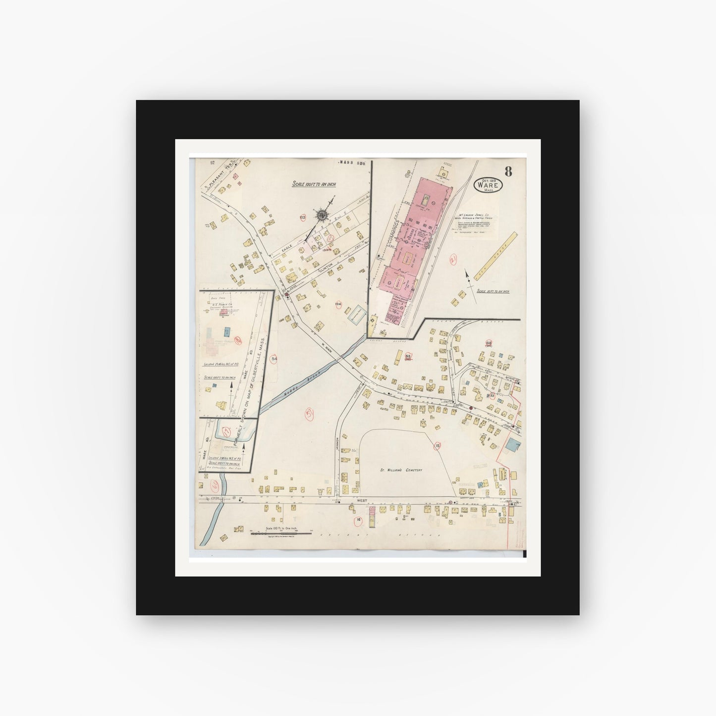 Old map wall art mockup — black gallery frame with white mat — Sanborn Fire Insurance Map from Ware, Hampshire County, Massachusetts (1946), Sheet #0008