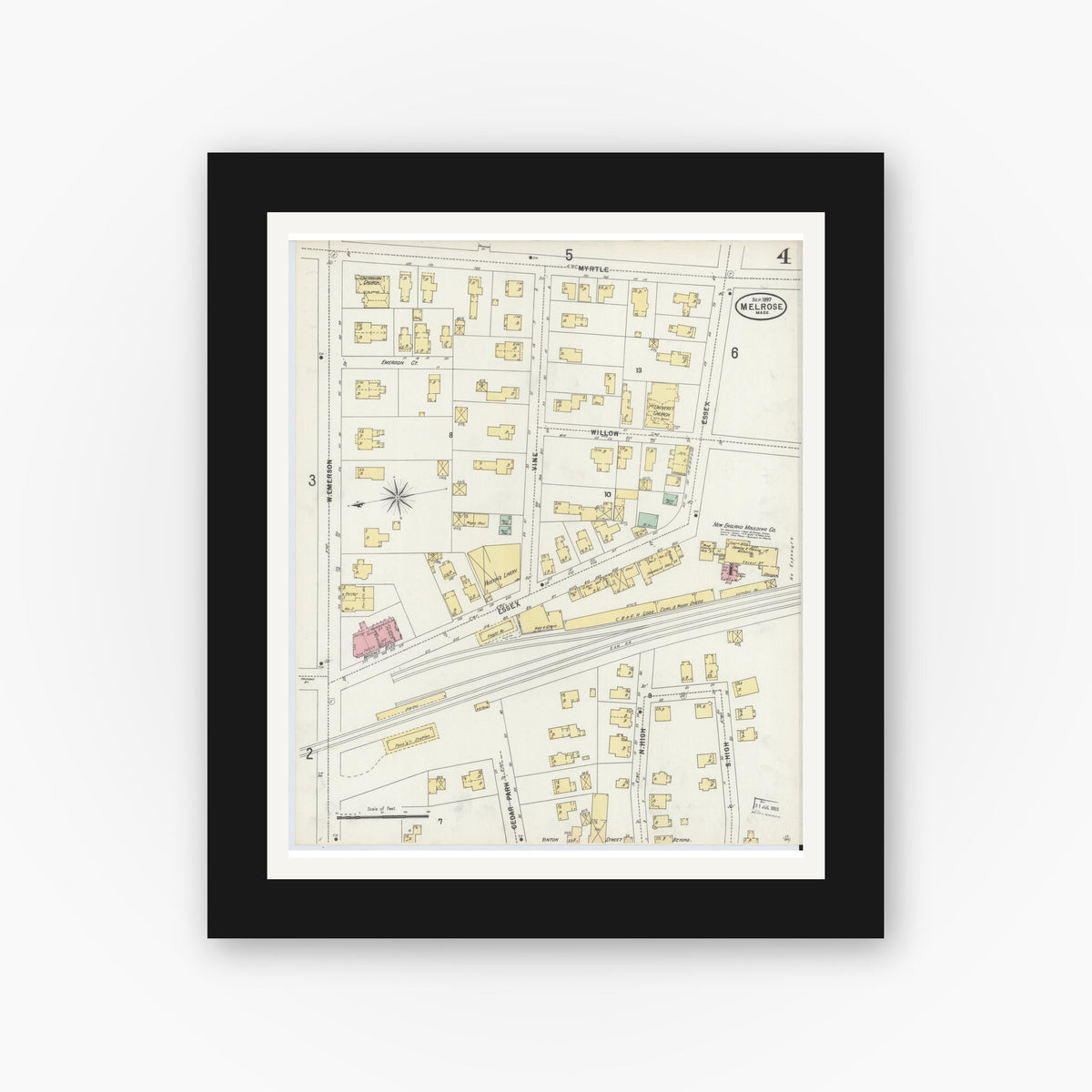 Old map wall art mockup — black gallery frame with white mat — Sanborn Fire Insurance Map from Melrose, Middlesex County, Massachusetts (1897), Sheet #0004