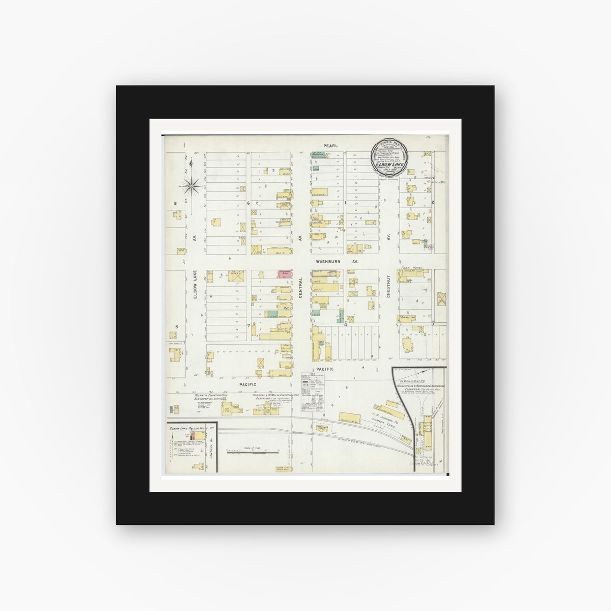 Old map wall art mockup — black gallery frame with white mat — Sanborn Fire Insurance Map from Elbow Lake, Grant County, Minnesota (1896), Sheet #0001