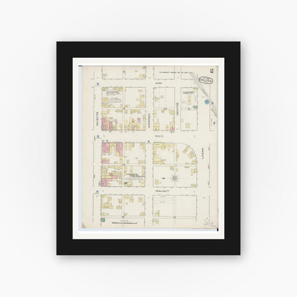 Old map wall art mockup — black gallery frame with white mat — Sanborn Fire Insurance Map from Celina, Mercer County, Ohio (1885), Sheet #0002