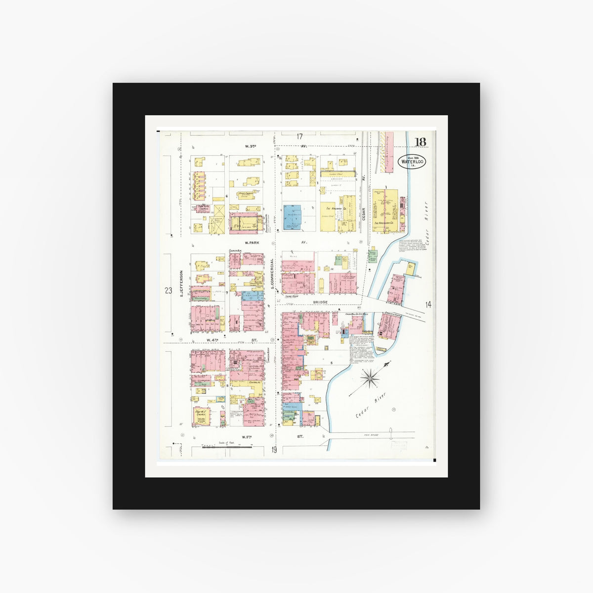 Old map wall art mockup — black gallery frame with white mat — Sanborn Fire Insurance Map from Waterloo, Black Hawk County, Iowa (1906), Sheet #0018