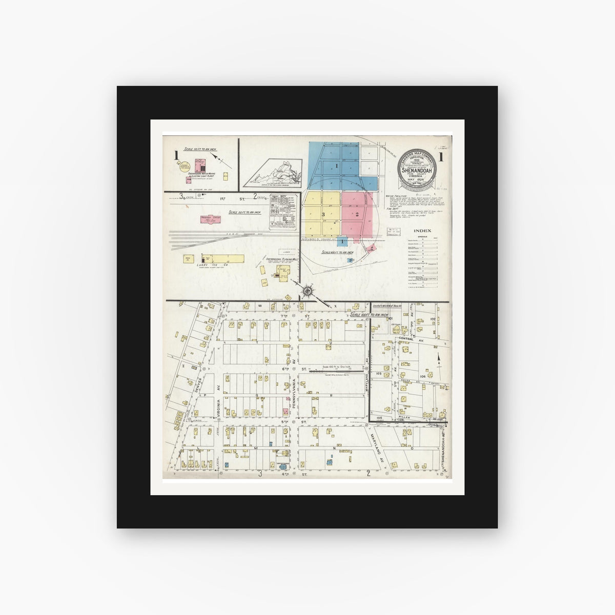 Old map wall art mockup — black gallery frame with white mat — Sanborn Fire Insurance Map from Shenandoah, Page County, Virginia (1924) - Complete Map Set