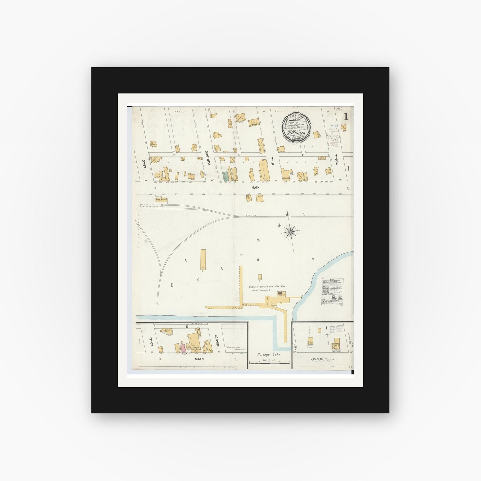 Old map wall art mockup — black gallery frame with white mat — Sanborn Fire Insurance Map from Onekama, Manistee County, Michigan (1900) - Complete Map Set