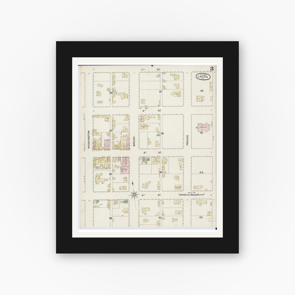 Old map wall art mockup — black gallery frame with white mat — Sanborn Fire Insurance Map from Lacon, Marshall County, Illinois (1888), Sheet #0003