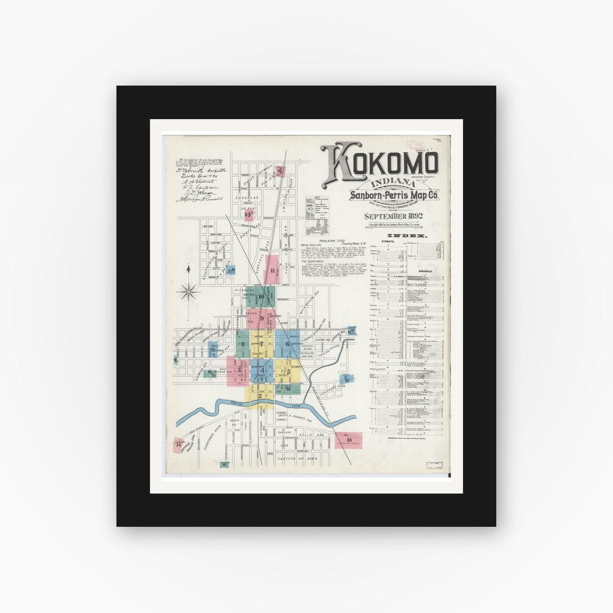 Old map wall art mockup — black gallery frame with white mat — Sanborn Fire Insurance Map from Kokomo, Howard County, Indiana (1892), Sheet #0001