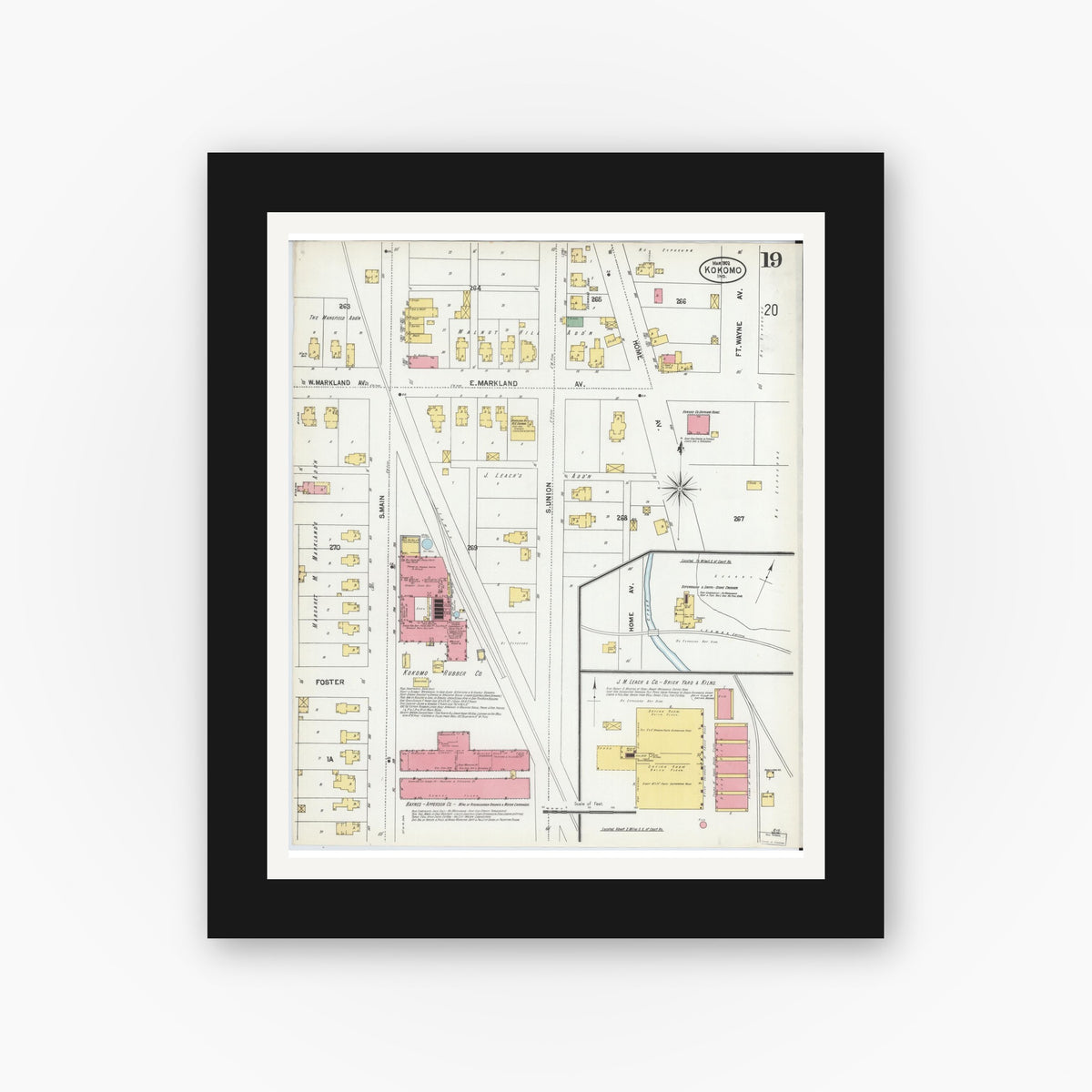 Old map wall art mockup — black gallery frame with white mat — Sanborn Fire Insurance Map from Kokomo, Howard County, Indiana (1902), Sheet #0019