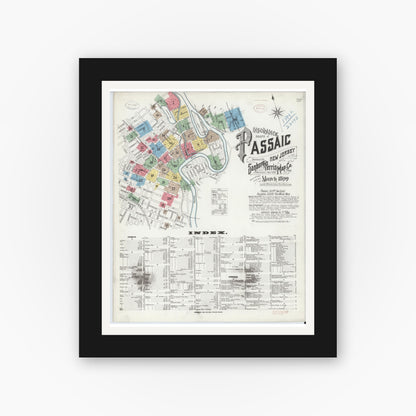 Old map wall art mockup — black gallery frame with white mat — Sanborn Fire Insurance Map from Passaic, Passaic County, New Jersey (1899), Sheet #0001