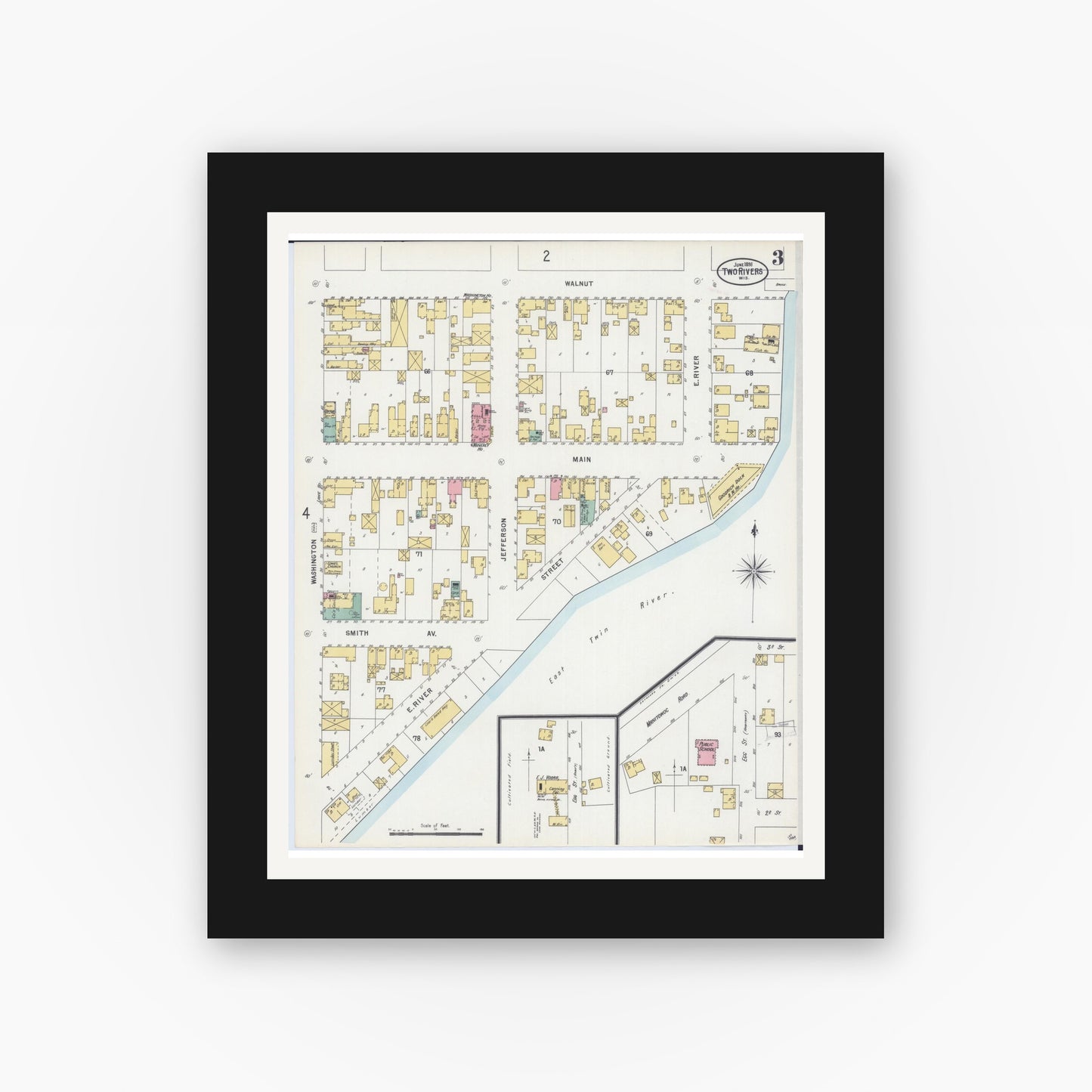 Old map wall art mockup — black gallery frame with white mat — Sanborn Fire Insurance Map from Two Rivers, Manitowoc County, Wisconsin (1898), Sheet #0003