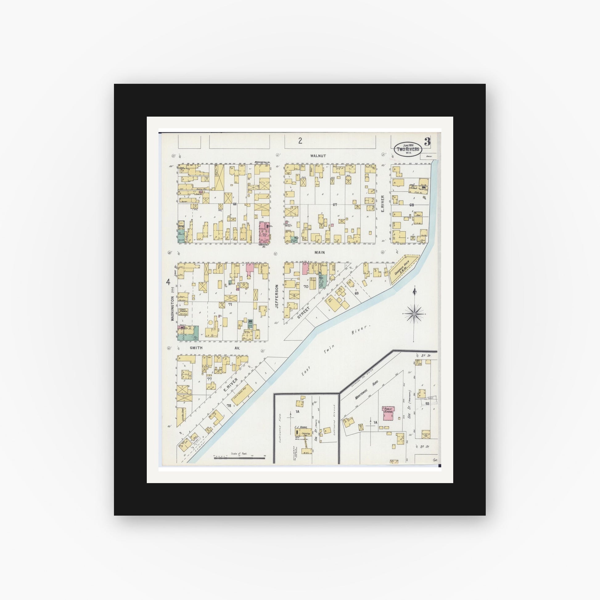 Old map wall art mockup — black gallery frame with white mat — Sanborn Fire Insurance Map from Two Rivers, Manitowoc County, Wisconsin (1898), Sheet #0003