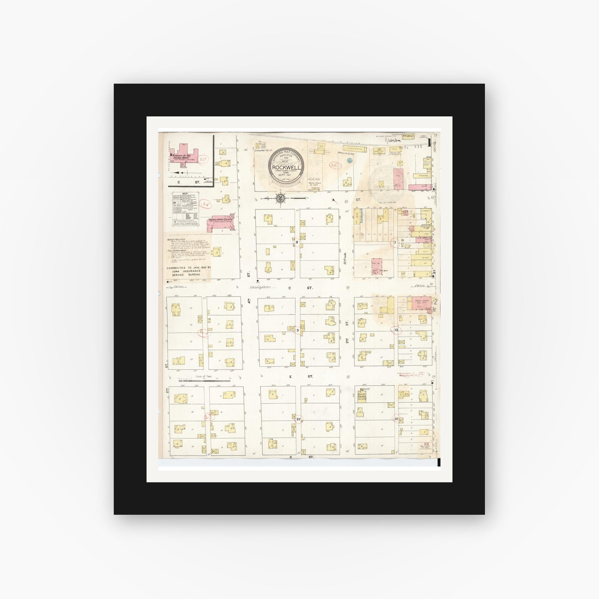 Old map wall art mockup — black gallery frame with white mat — Sanborn Fire Insurance Map from Rockwell, Cerro Gordo County, Iowa (1932), Sheet #0001
