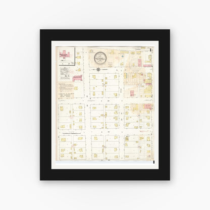 Old map wall art mockup — black gallery frame with white mat — Sanborn Fire Insurance Map from Rockwell, Cerro Gordo County, Iowa (1932), Sheet #0001