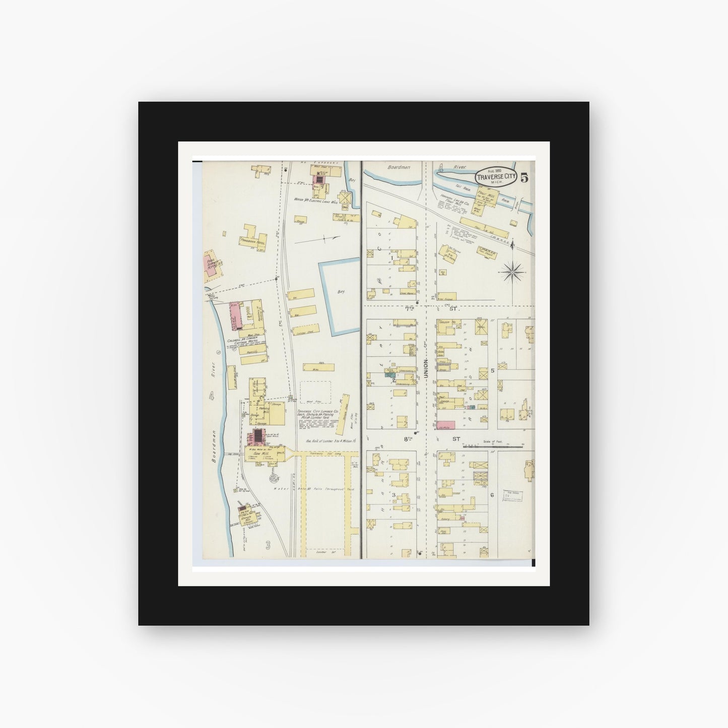 Old map wall art mockup — black gallery frame with white mat — Sanborn Fire Insurance Map from Traverse City, Grand Traverse County, Michigan (1893), Sheet #0005