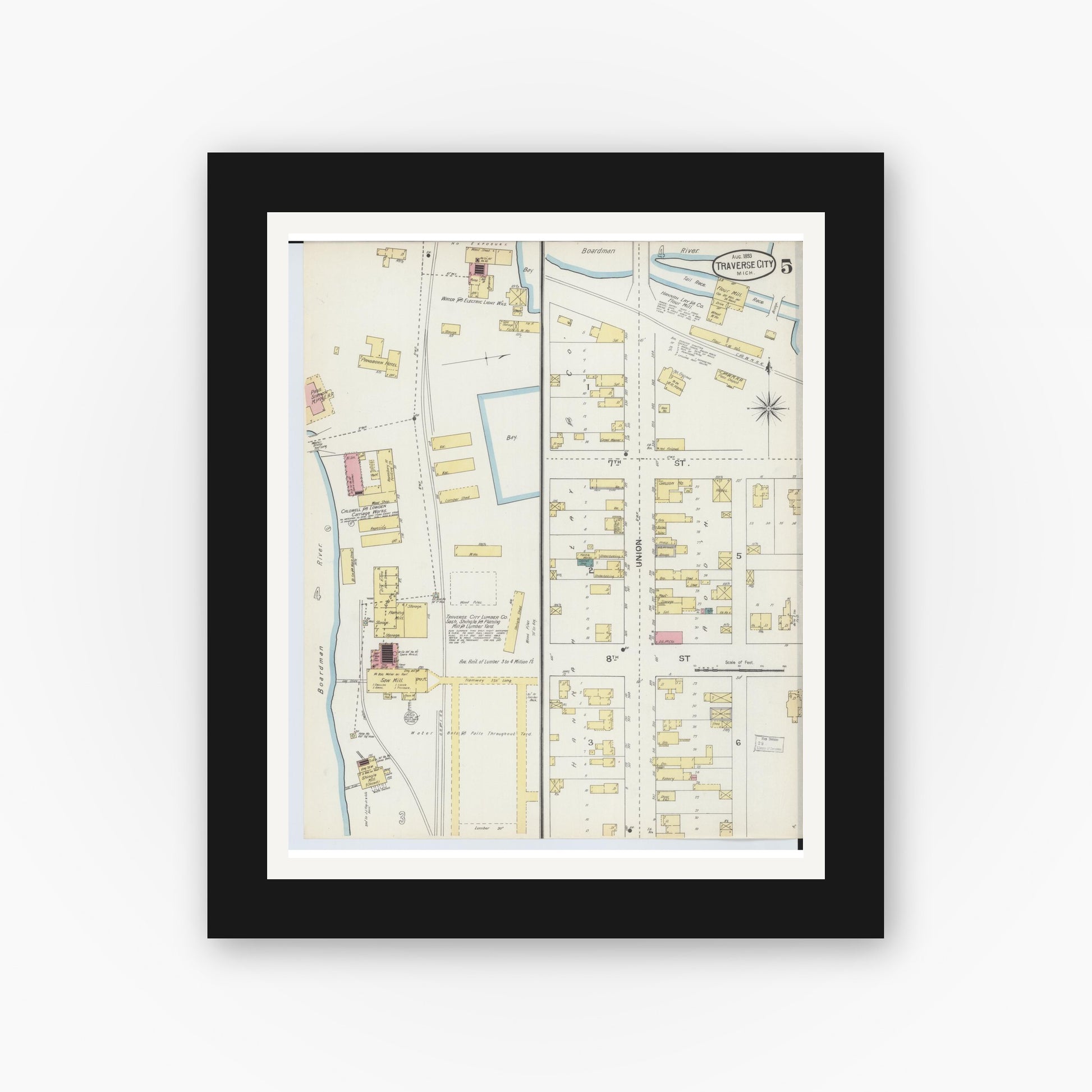Old map wall art mockup — black gallery frame with white mat — Sanborn Fire Insurance Map from Traverse City, Grand Traverse County, Michigan (1893), Sheet #0005