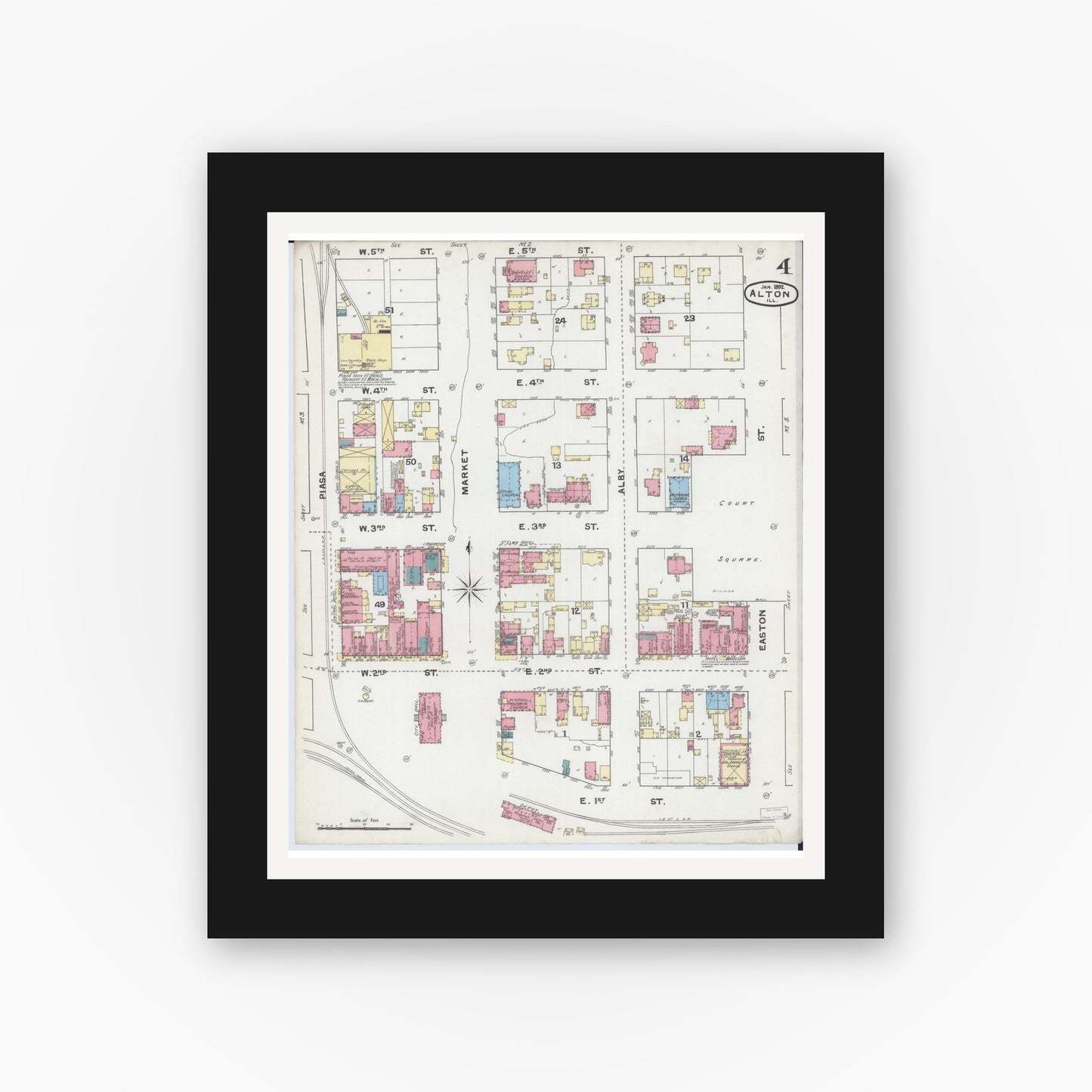 Old map wall art mockup — black gallery frame with white mat — Sanborn Fire Insurance Map from Alton, Madison County, Illinois (1892), Sheet #0004