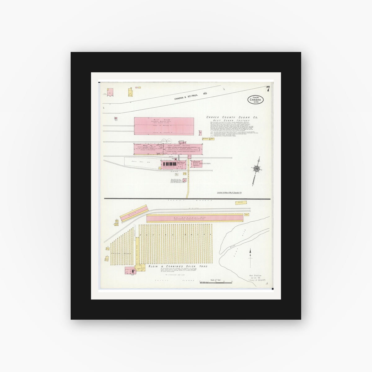 Old map wall art mockup — black gallery frame with white mat — Sanborn Fire Insurance Map from Chaska, Carver County, Minnesota (1911), Sheet #0007