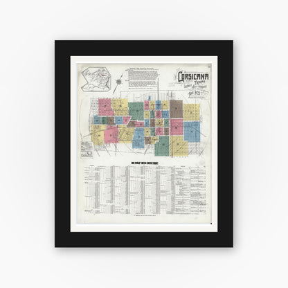 Old map wall art mockup — black gallery frame with white mat — Sanborn Fire Insurance Map from Corsicana, Navarro County, Texas (1921) - Complete Map Set