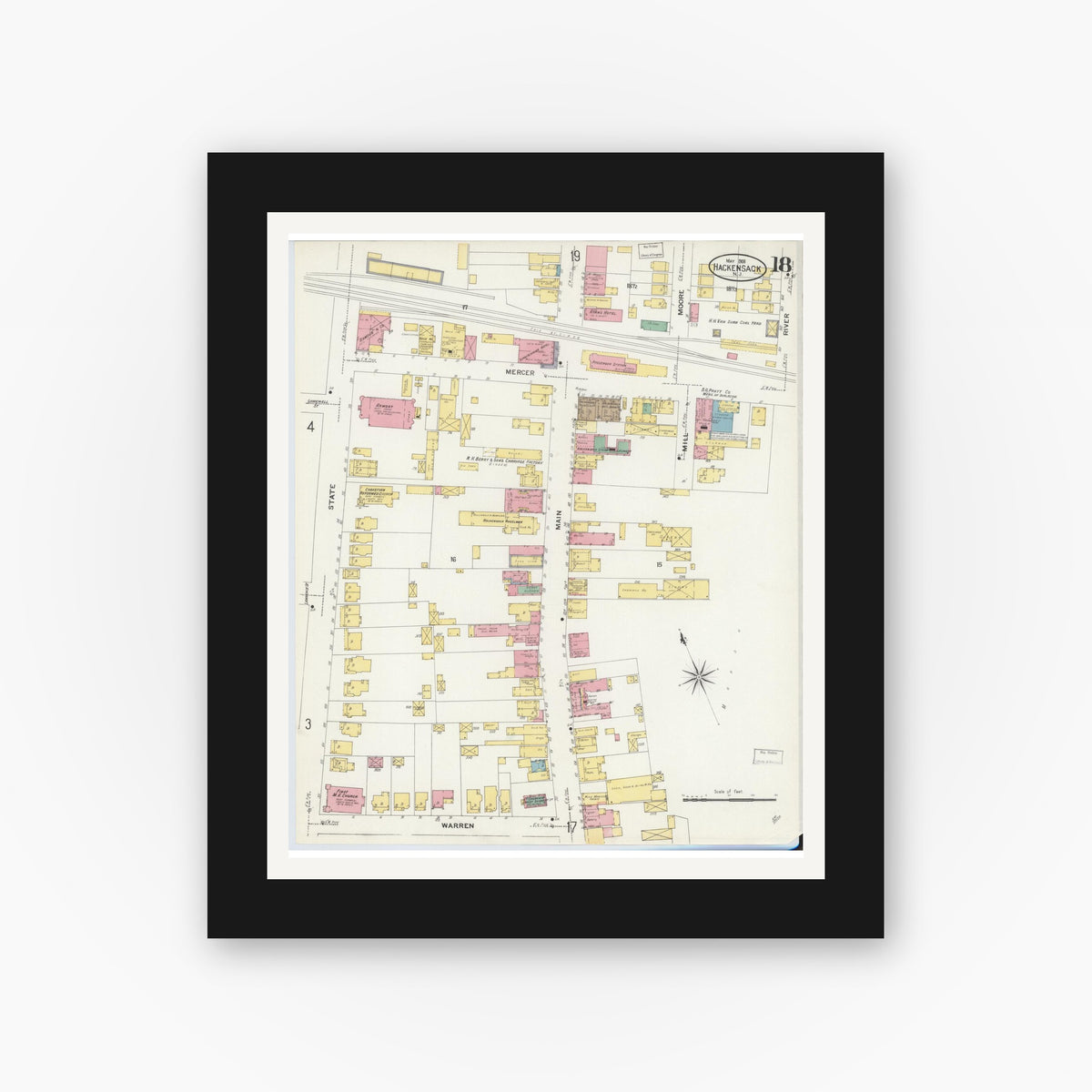 Old map wall art mockup — black gallery frame with white mat — Sanborn Fire Insurance Map from Hackensack, Bergen County, New Jersey (1908), Sheet #0018