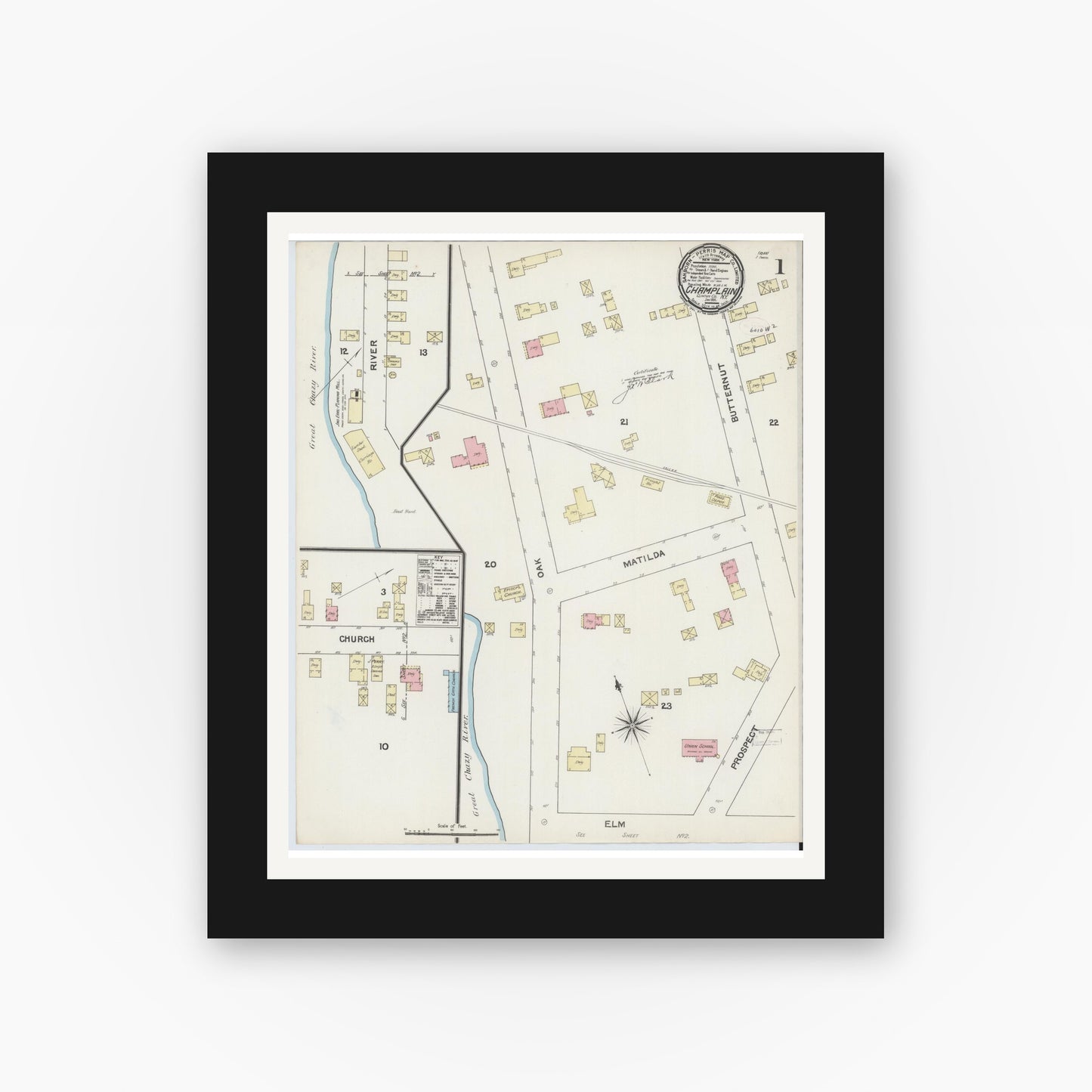 Old map wall art mockup — black gallery frame with white mat — Sanborn Fire Insurance Map from Champlain, Clinton County, New York (1891), Sheet #0001
