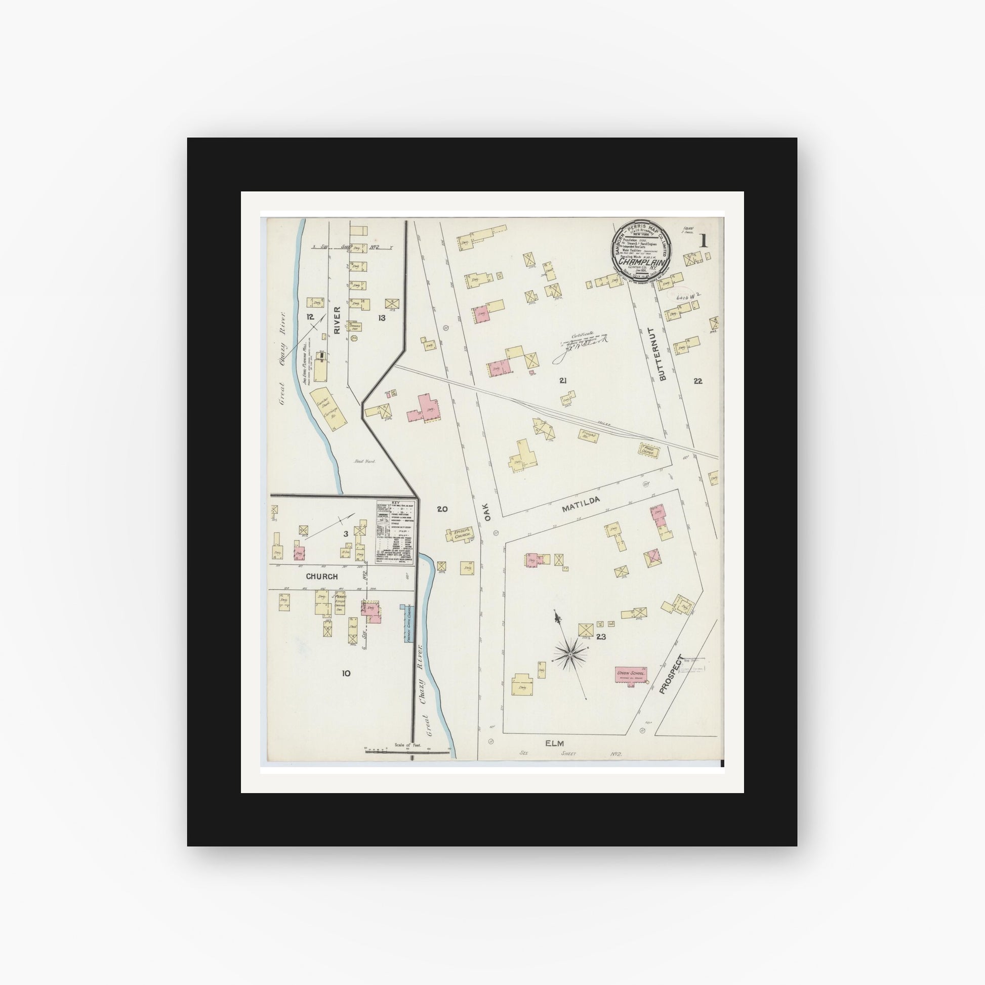 Old map wall art mockup — black gallery frame with white mat — Sanborn Fire Insurance Map from Champlain, Clinton County, New York (1891), Sheet #0001