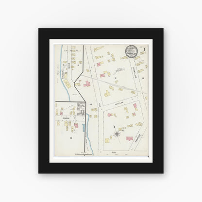 Old map wall art mockup — black gallery frame with white mat — Sanborn Fire Insurance Map from Champlain, Clinton County, New York (1891), Sheet #0001