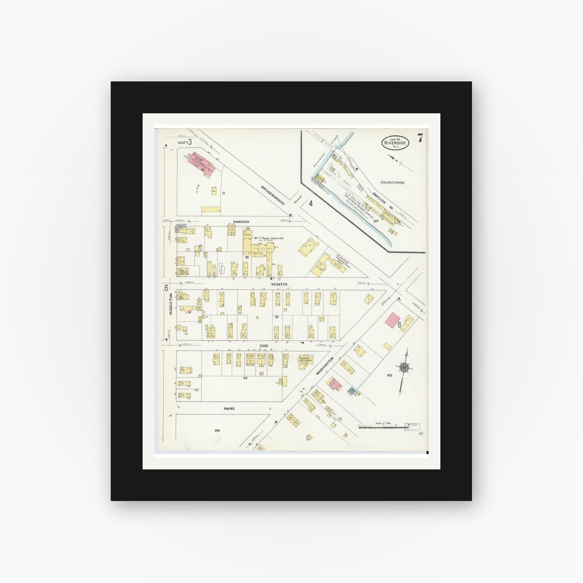 Old map wall art mockup — black gallery frame with white mat — Sanborn Fire Insurance Map from Riverside, Burlington County, New Jersey (1911), Sheet #0007