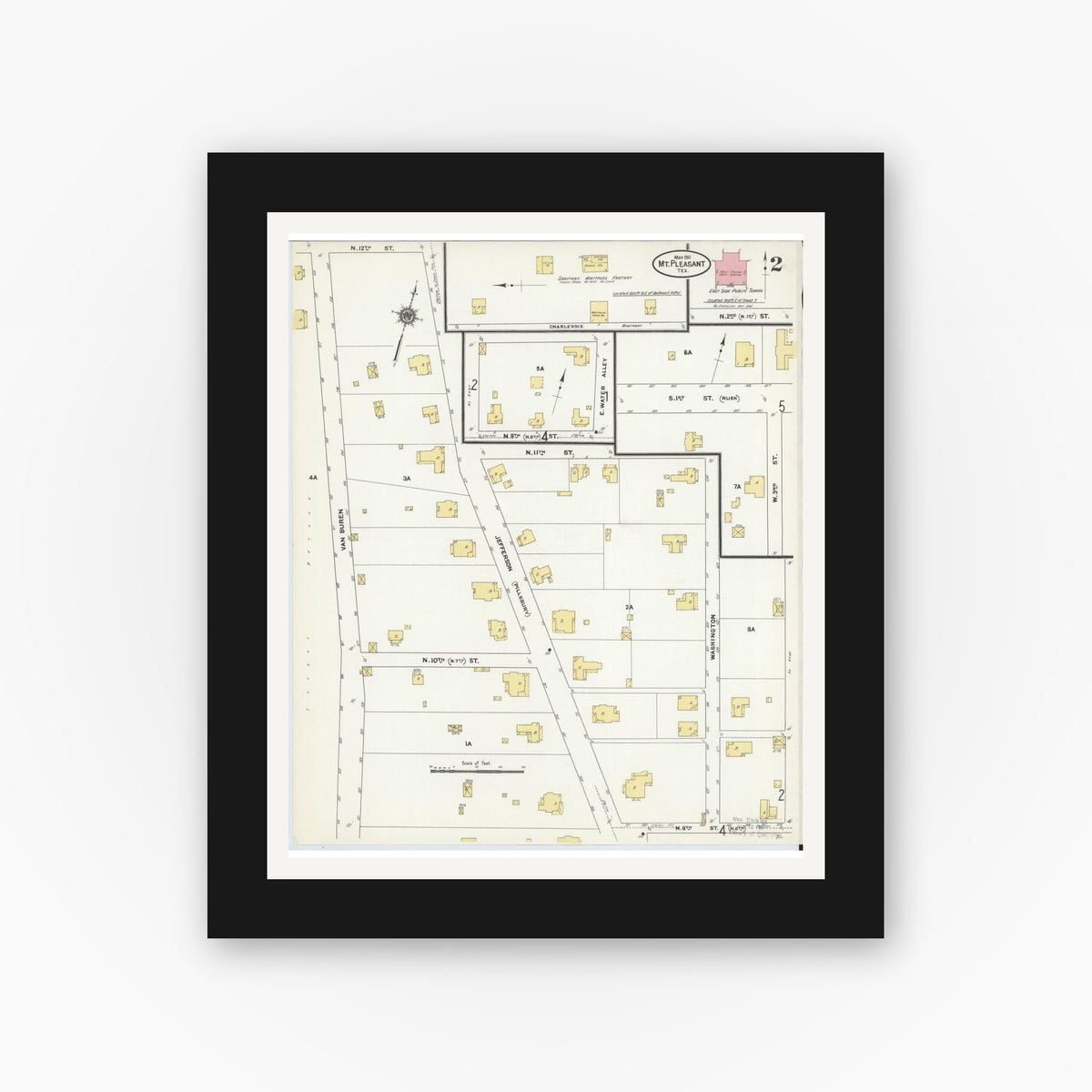 Old map wall art mockup — black gallery frame with white mat — Sanborn Fire Insurance Map from Mount Pleasant, Titus County, Texas (1911), Sheet #0002