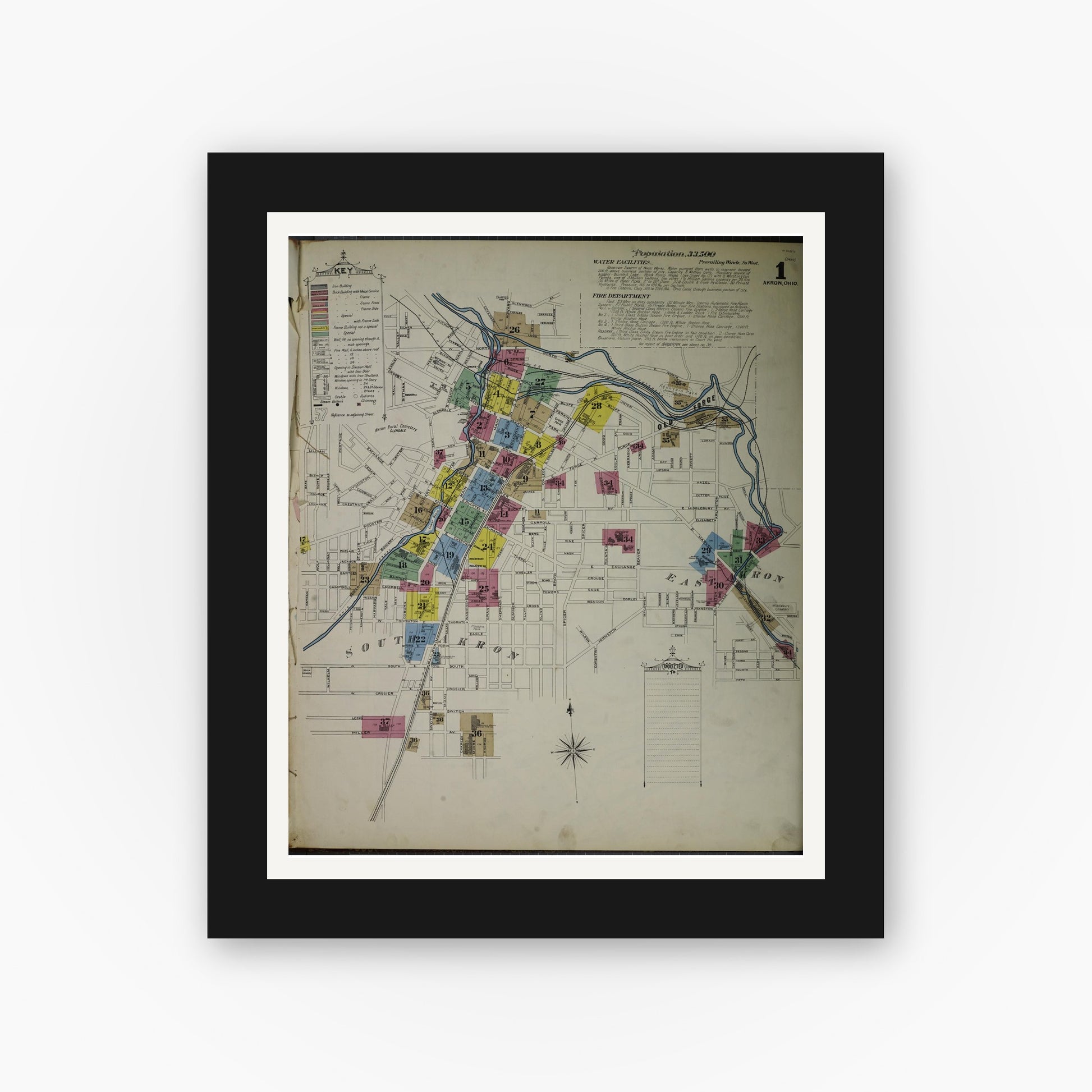 Old map wall art mockup — black gallery frame with white mat — Sanborn Fire Insurance Map from Akron, Summit County, Ohio (1892) - Complete Map Set