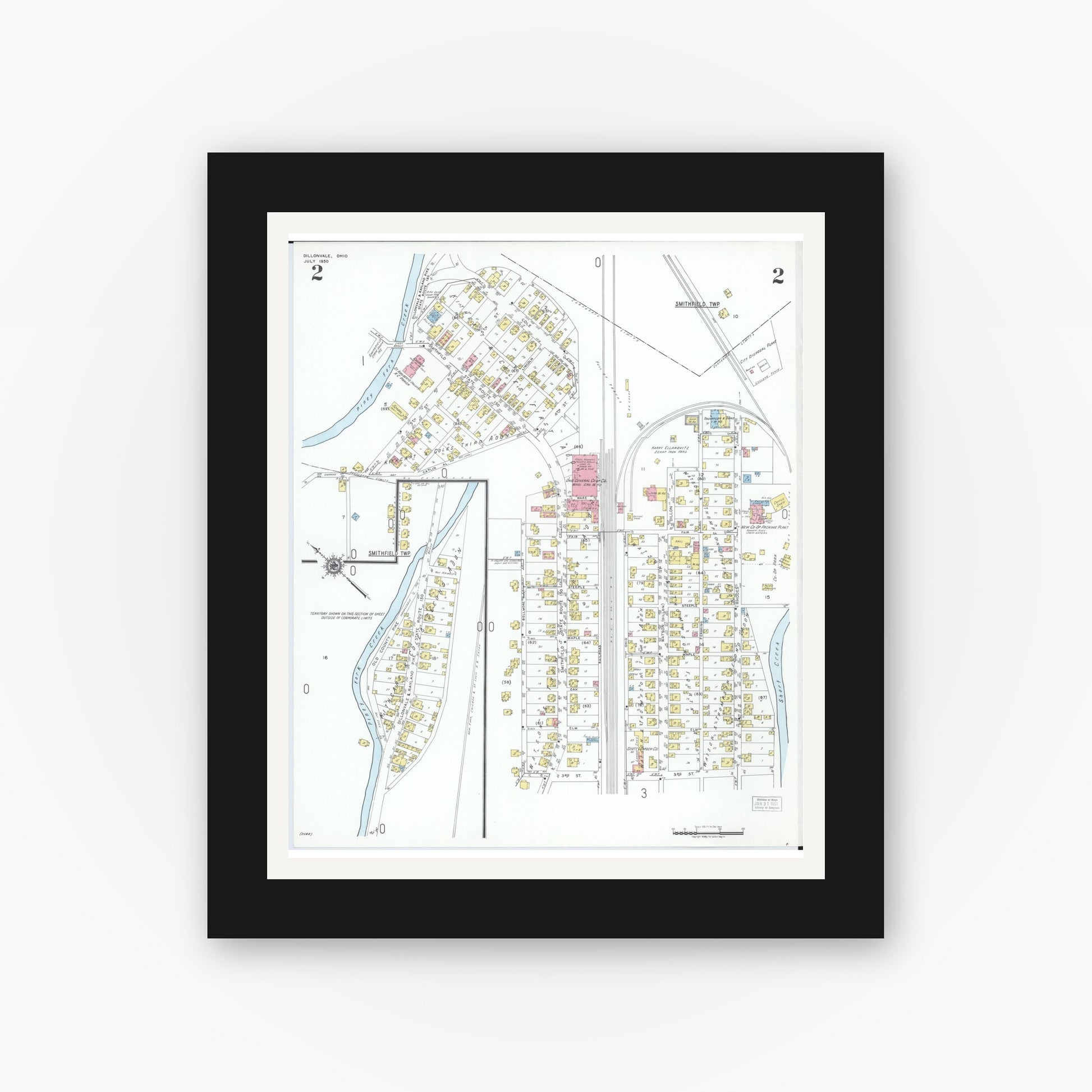 Old map wall art mockup — black gallery frame with white mat — Sanborn Fire Insurance Map from Dillonvale, Jefferson County, Ohio (1950), Sheet #0002