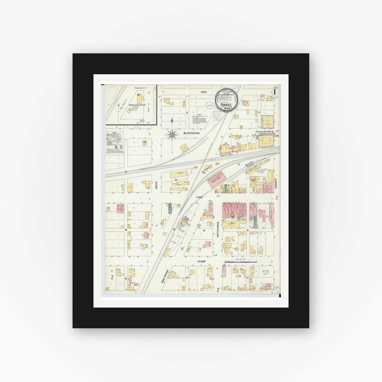 Old map wall art mockup — black gallery frame with white mat — Sanborn Fire Insurance Map from Forest, Hardin County, Ohio (1901), Sheet #0001